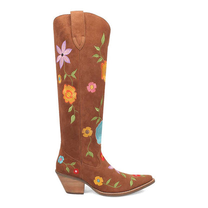 Brown Snip Toe Flower Embroidered Over the Knee Cowgirl Boots