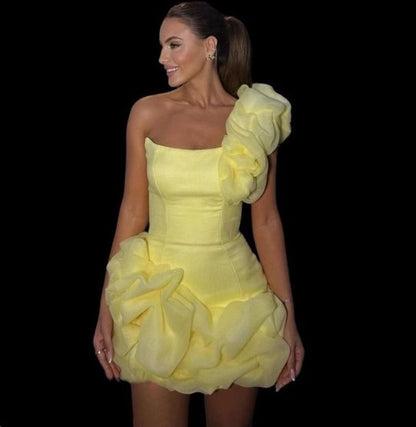 amakanas-Yellow one-shoulder fashion sweet bud skirt short chiffon homecoming dress birthday dress gh5269