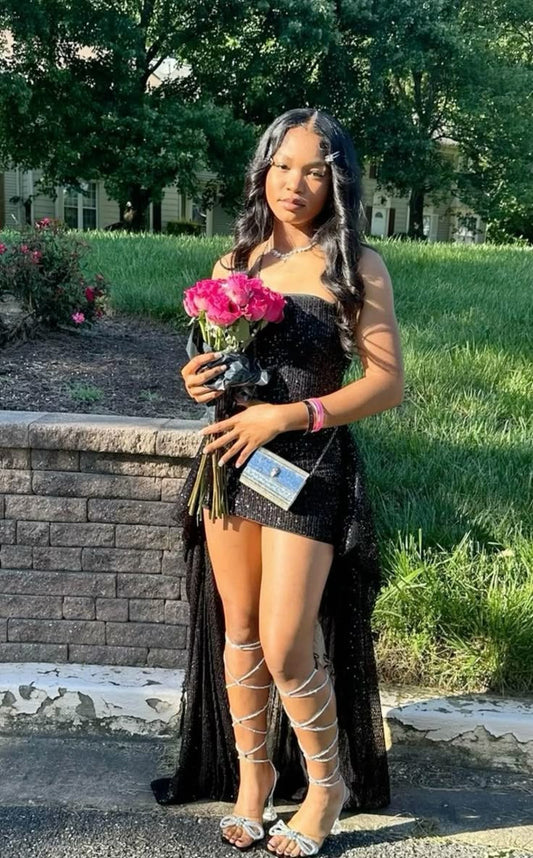 Black Sequin Senior Hoco Dress Strapless Party Cocktail Gown