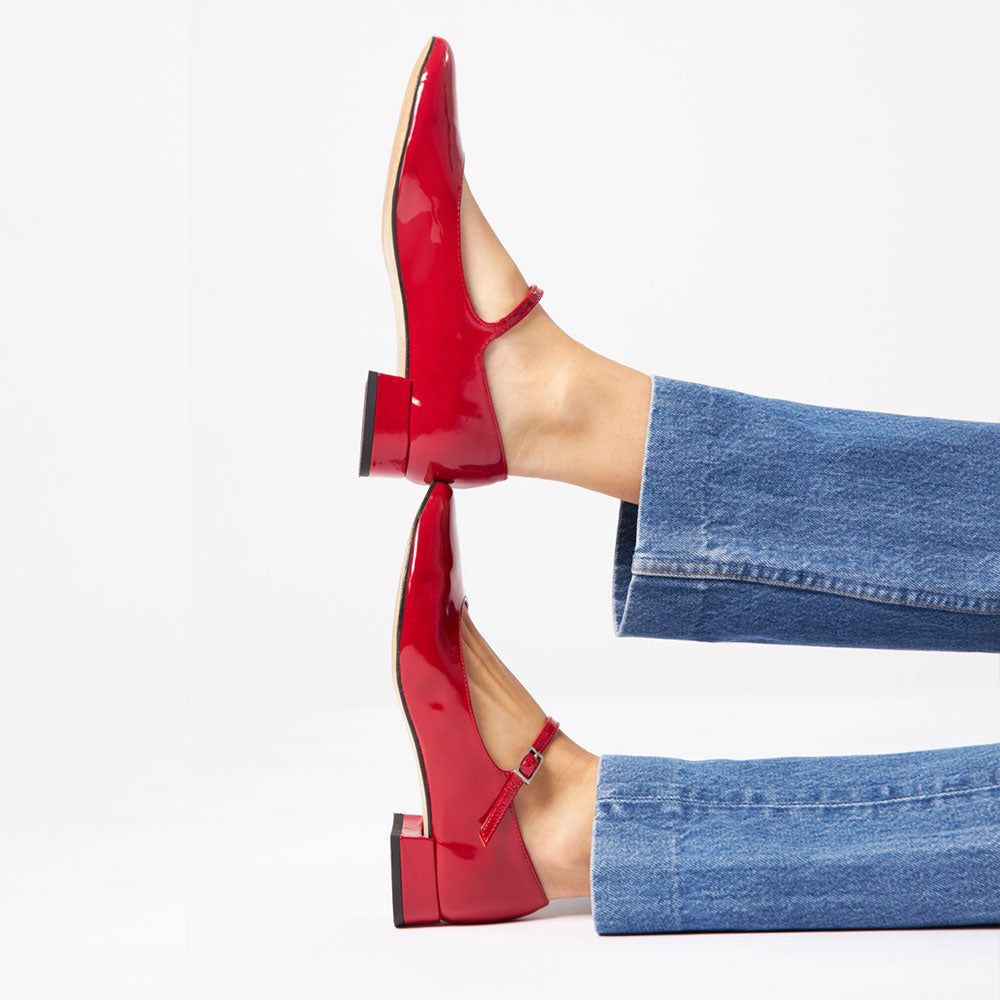 Red Patent Leather Round Toe Buckle Strap Elegant Mary Jane Flats