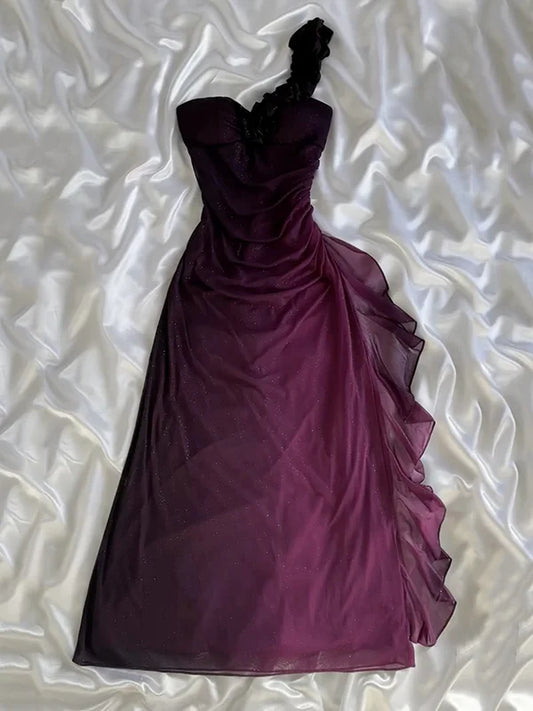 amakanas-Gradient Purple Glitter One-Shoulder Ruched Ruffle Evening Gown gh6006