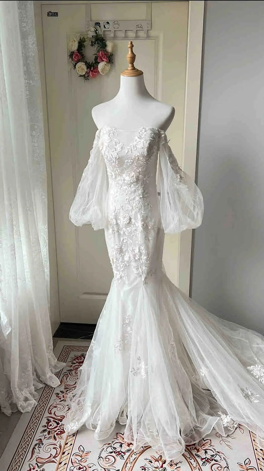 amakanas-Mermaid Floral Long Tulle Ball Gown Wedding Dress Evening Gown gh5985