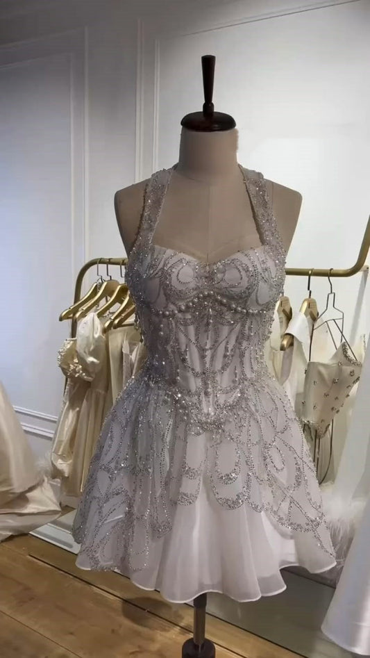 amakanas-White gorgeous beaded short tulle homecoming dress birthday party dress gh5327