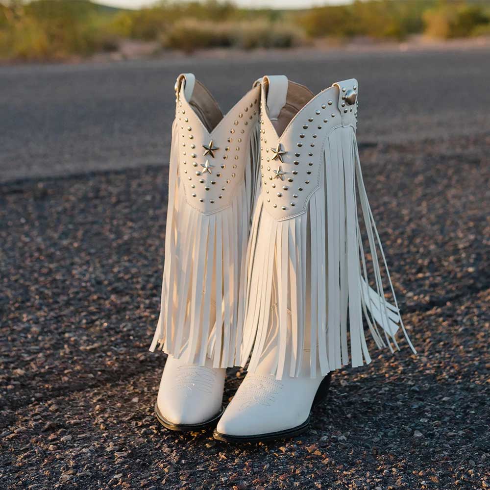 White Vegan Leather Pointed Toe Fringe Knee-High Heel Cowgirl Boots