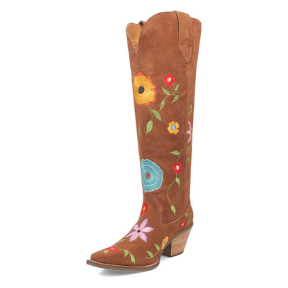 Brown Snip Toe Flower Embroidered Over the Knee Cowgirl Boots
