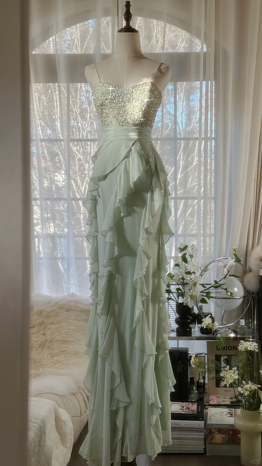 Vintage Light Green Shiny Spaghetti Strap Design Romantic Chiffon Evening Dress Prom Dress TP4012