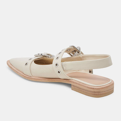 Ivory Patent Leather Pointed Toe Studded Slingback Strappy Flat Pumps