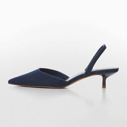 Dark Blue Denim Pointed Toe Kitten Heel Slingback Pumps for Women