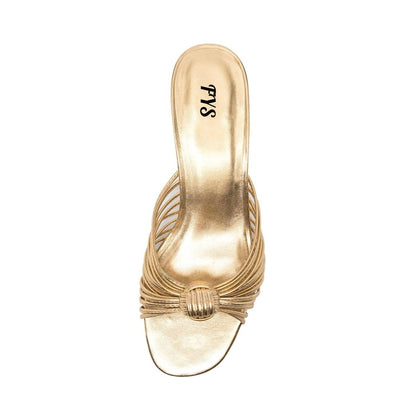 Gold Metallic Open-Toe Strap Knotted Kitten Heel Mules Shoes