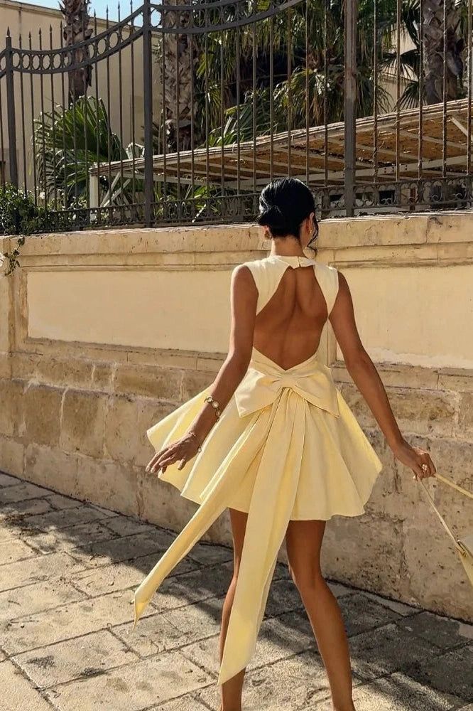 amakanas-Yellow fashion sweet backless elegant short satin homecoming dress birthday dress gh5268