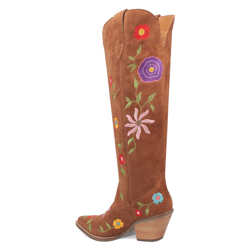 Brown Snip Toe Flower Embroidered Over the Knee Cowgirl Boots