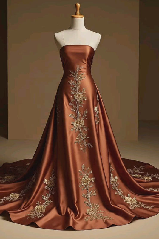 amakanas-Floral long satin ball gown with floor-length train gh6158