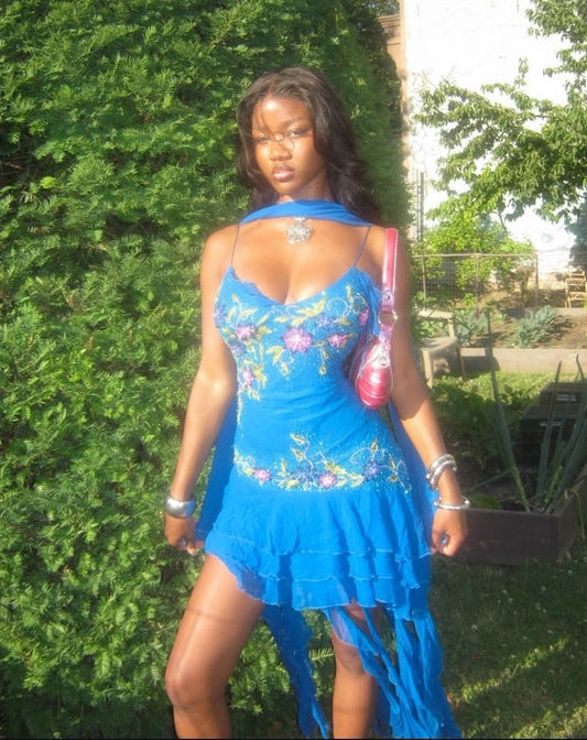 Unique A Line Spaghetti Strap Beaded Embroidered Ruffle Blue Chiffon Homecoming Dress SH2357