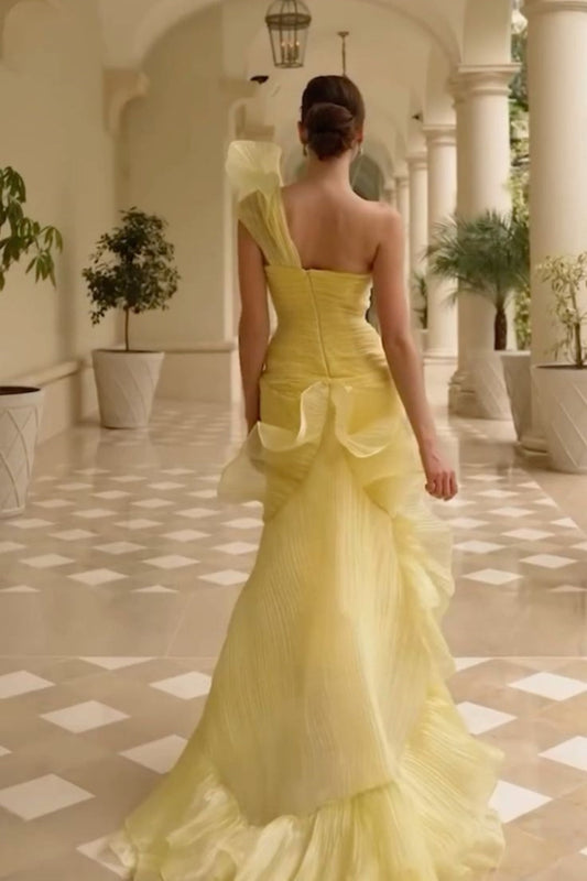 amakanas- Yellow Fashion One-Shoulder Sheer Long Dress gh6201