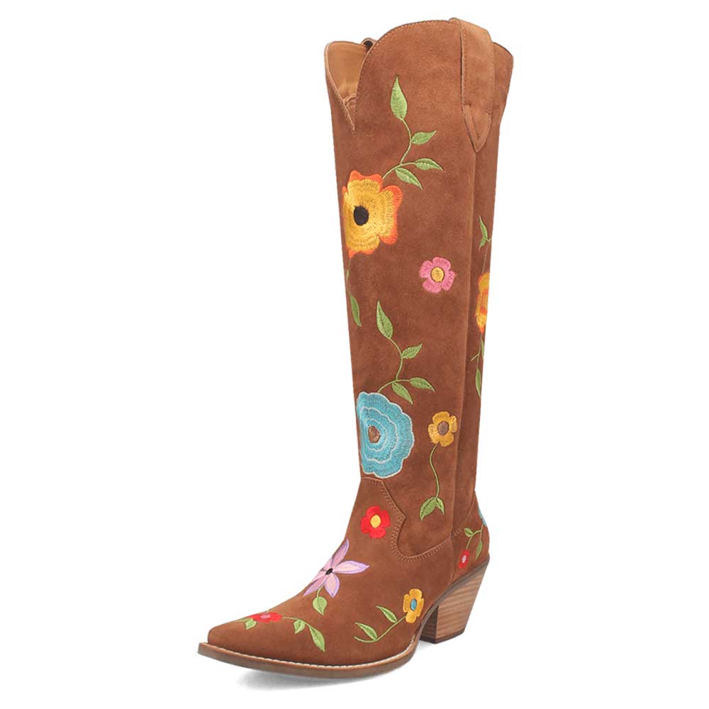 Brown Snip Toe Flower Embroidered Over the Knee Cowgirl Boots