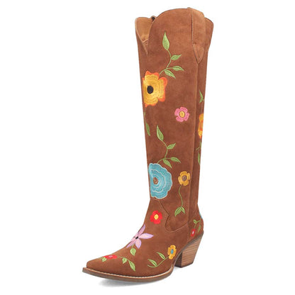 Brown Snip Toe Flower Embroidered Over the Knee Cowgirl Boots