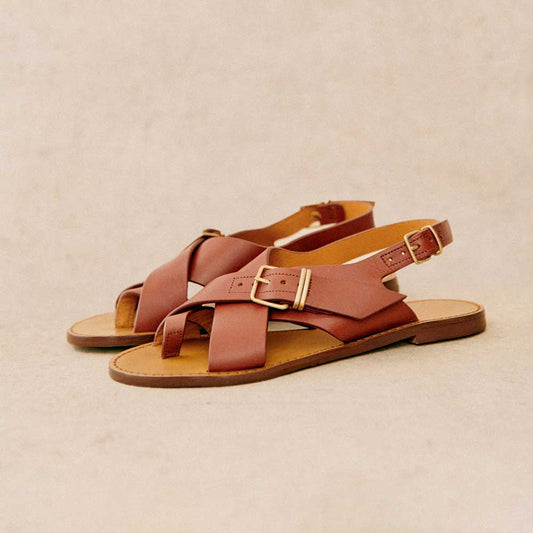Brown Round Toe Flat Vintage Buckle Ring Strap Sandals
