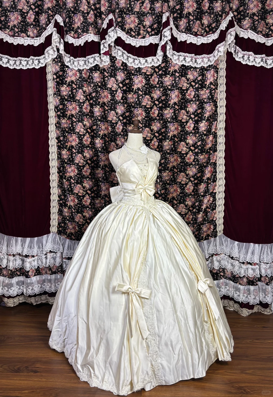 Elegant Strapless A-Line Rouched Bow Satin Wedding Dress TP5341