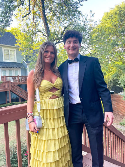 Yellow stylish elegant spaghetti straps long satin tiered ball gown formal evening dress party dress gh3655