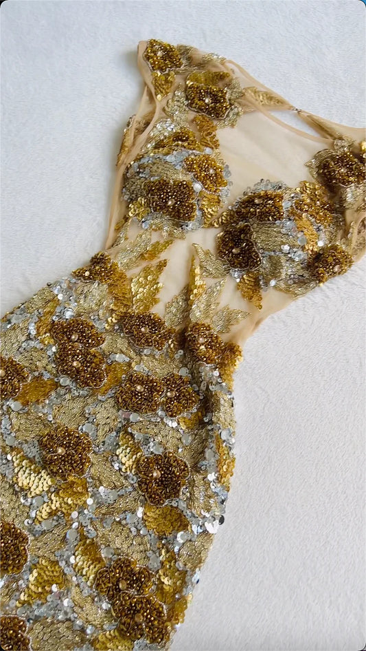 amakanas-Champagne Gold Heavy Beaded Mermaid Gown, Luxurious Sequin 3D Floral Embellished Evening Dress gh6003