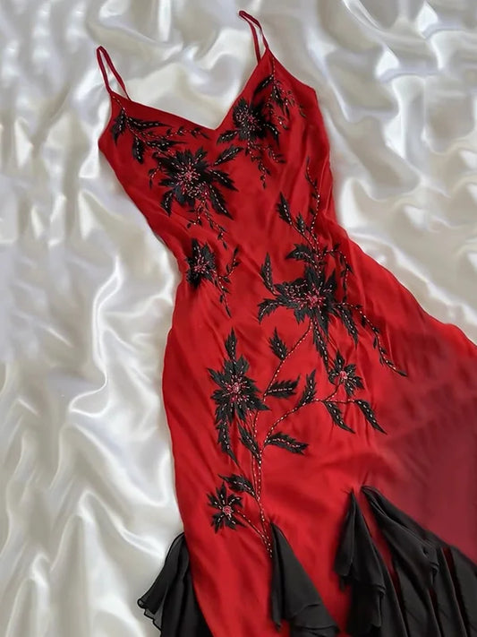 amakanas-Fairy-Tale Dress, Red Ruffled Black Long Chiffon Dress With Delicate Floral Beading. gh6109