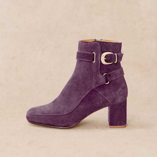 Purple Square Toe Chunky Heel Elegant Buckled Strappy Ankle Boots