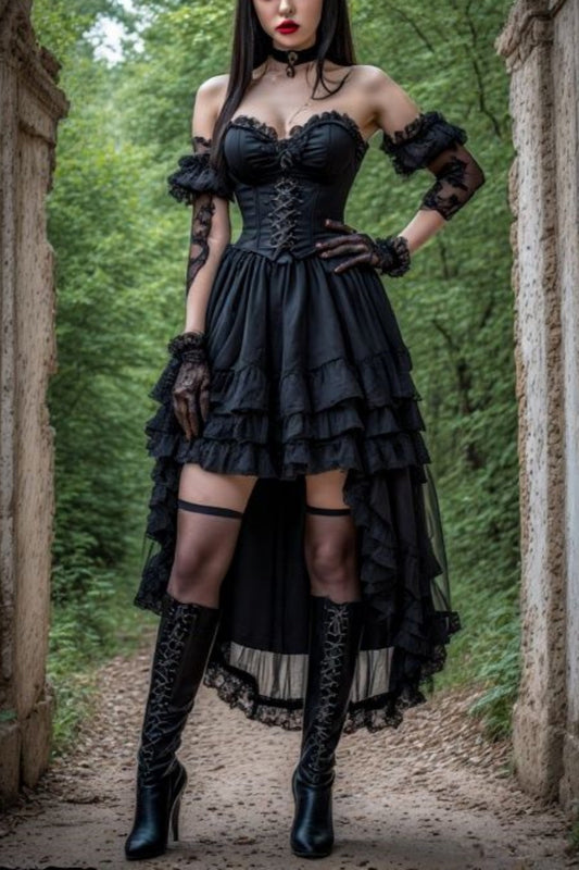 amakanas-Black, unique short-sleeved, high-low sheer corset party dress gh6191