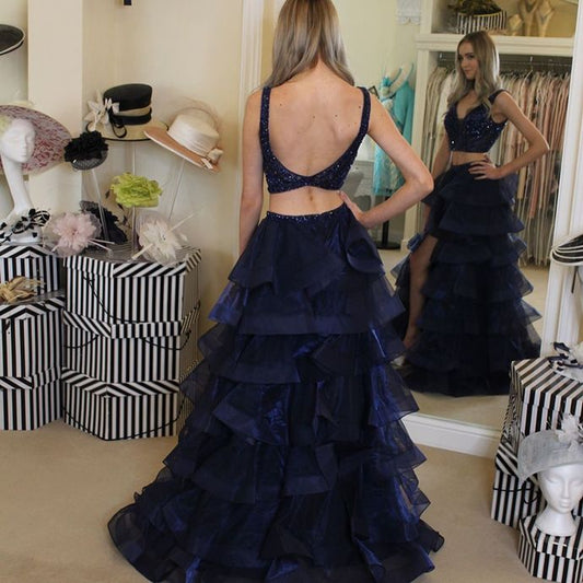 Sparkly Navy Two Pieces Evening Dresses Long Hi-Lo Tiered Tulle V-neck A-line Sequins Crystals Prom Party Dress   cg12449