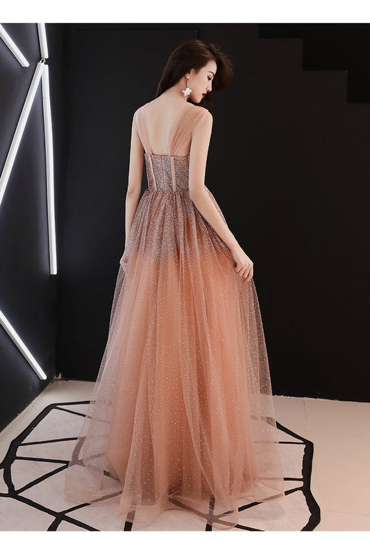 Sparkly Off Shoulder A-Line Sequins Peach Long Prom Dress, Tulle Evening Gown   cg12618