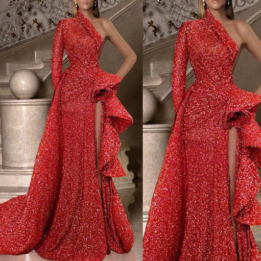 sparkly prom dresses 2020 one shoulder long sleeve side slit peplum ruffle detachable skirt red evening dresses formal dresses   cg13710