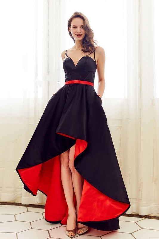 Red Black High Low Prom Dresses With Sheer Straps Satin A line Short Front Long Back    cg14274