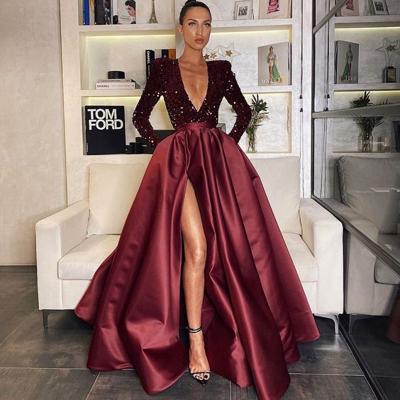 V-neck Burgundy Sequin Satin Prom Dresses, High Side Slit Prom Dresses   cg14941