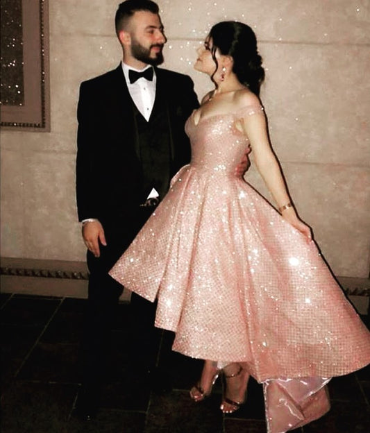 Champagne Off the Shoulder High Low prom Dress   cg15630