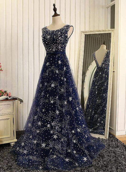 Shiny Navy Blue Tulle Long Formal Dress, Blue Prom Dress Evening Gown   cg15881