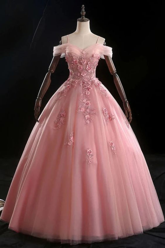 Pink Ball Gown Off Shoulder Prom Dress with Flowers   cg15902