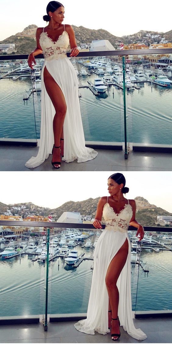 Spaghetti Straps Sleeveless Backless Front Split White Chiffon Prom Dress    cg16892