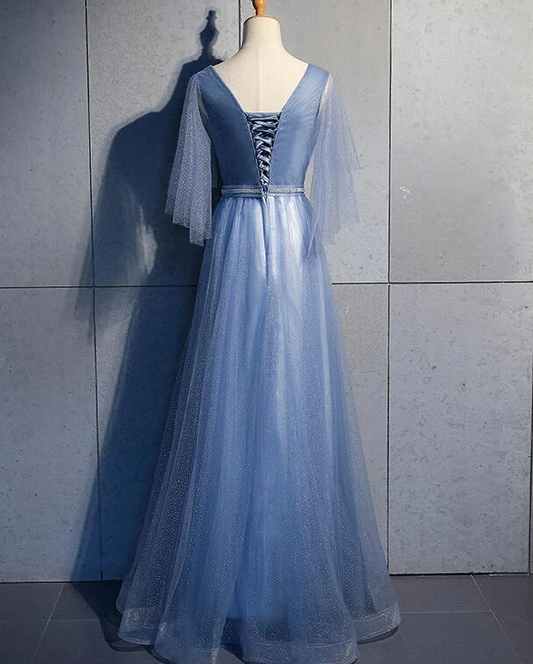 Tulle A-Line Short Sleeves Long Prom Dress, Tulle Bridesmaid Dress Party Dress   cg17444