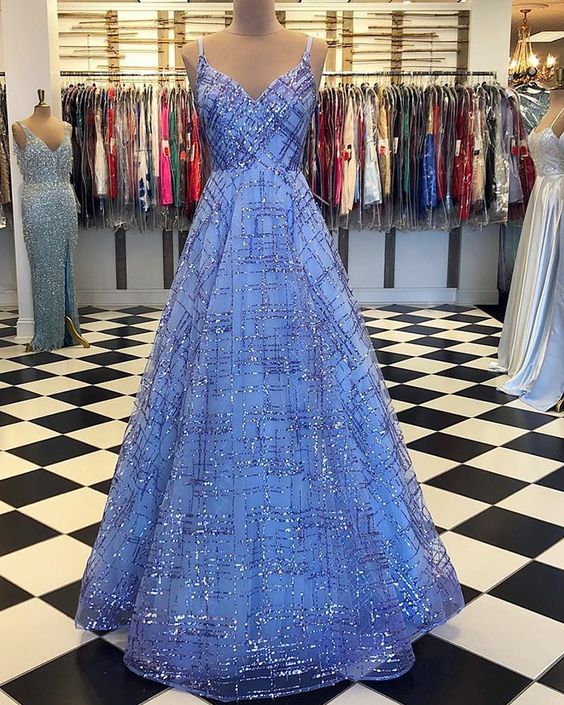 Spaghetti Straps Sequin Pattern Blue Sparkle Prom Dress    cg17543