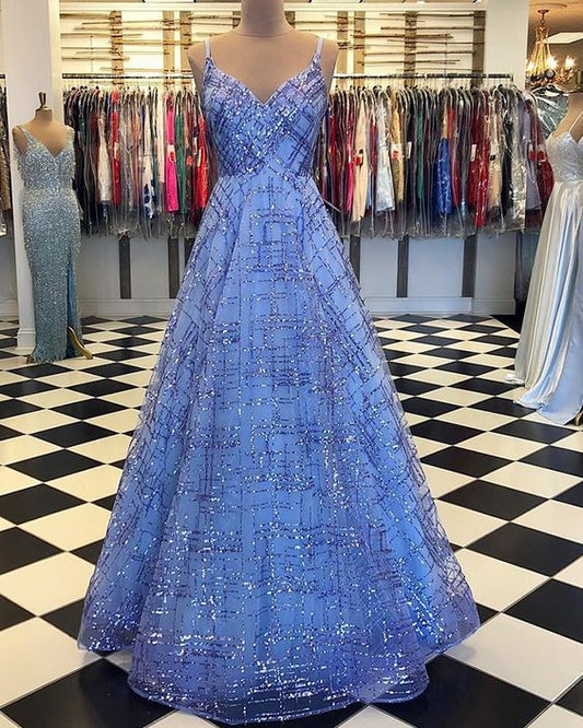 Spaghetti Straps Sequin Pattern Blue Sparkle Prom Dress    cg17543