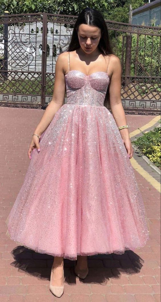 Sparkly prom party dresses midi length ball gown sweetheart spaghetti straps    cg17888