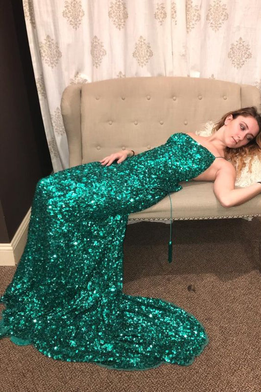 sparkle green sequined mermaid long evening dress formal dress with lace up back Prom Dress    cg18191