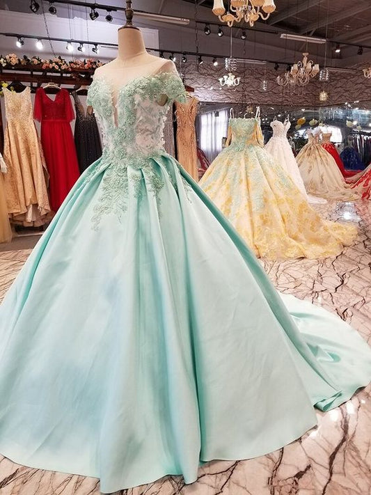 light green a-line cheap evening dress short sleeve lace up back satin dress prom gowns, graduation party dresses   cg18273