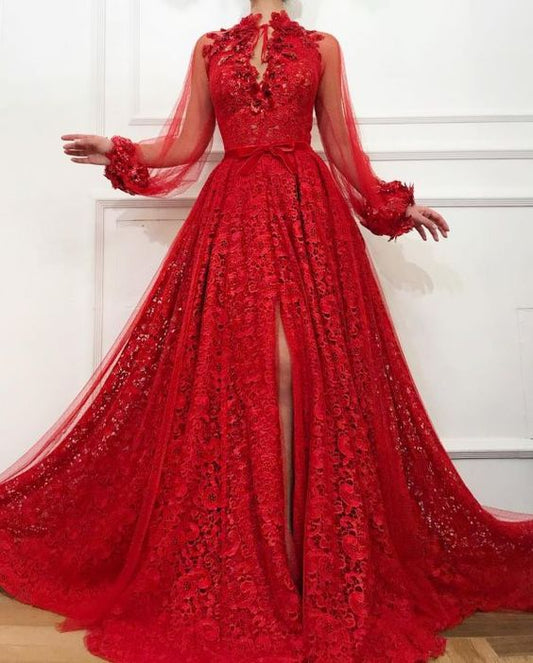 Split-Front Long Sleeves red Prom Dress   cg18513