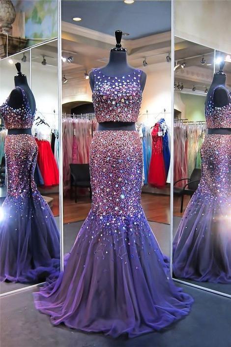 Sparkly Mermaid Scoop Neck Two Piece Purple Tulle Beaded Prom Dress   cg19011