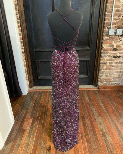 Sparkle Mermaid Sequined Long Formal Dress with Slit Prom Gown   cg19501