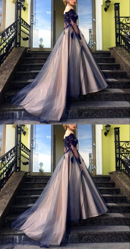 Elegant navy and nude tulle ball gown prom dresses lace long sleeves off the shoulder for sweet 16   cg19862