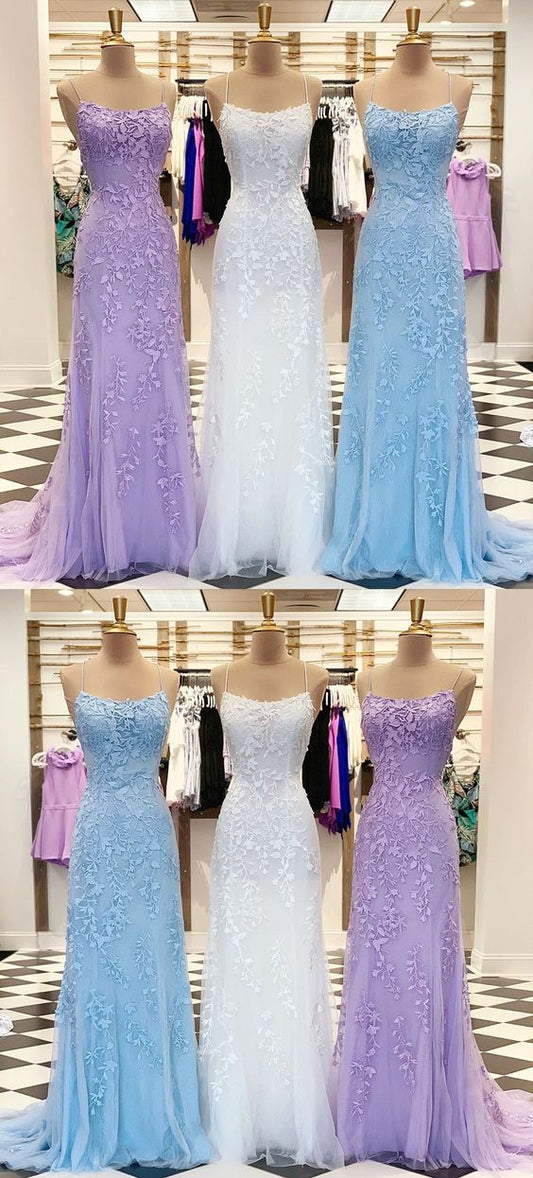 Sheath Spaghetti Straps Lace-Up Sweep Train Light Blue Prom Dress with Appliques cg2103