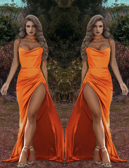 Amazing Mermaid satin orange Bridesmaid dresses leg split spaghetti straps with cowl neck prom dress, evening dress    cg21056