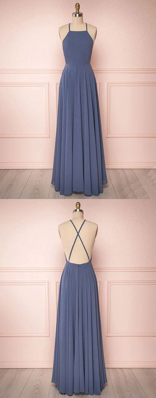 Simple backless chiffon long prom dress, chiffon evening dress, blue bridesmaid dress cg2114