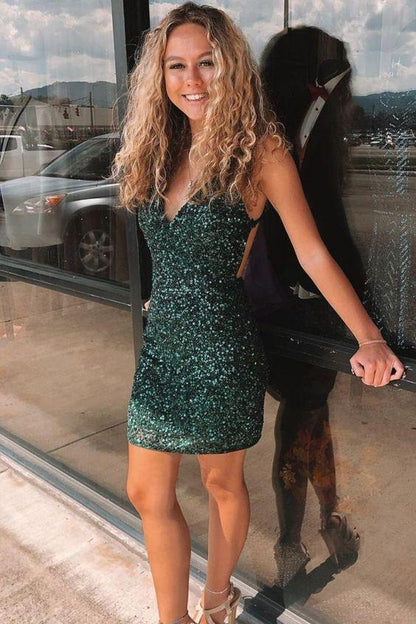 tight dark green sequins mini homecoming dress party dress